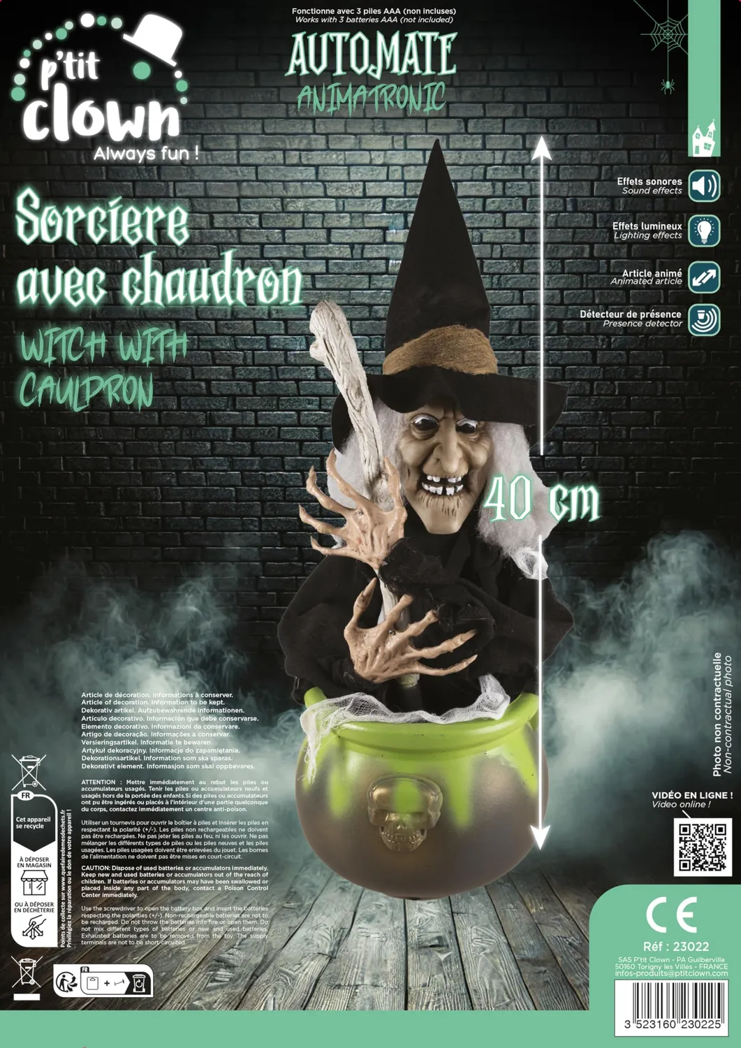 P'tit Clown Strega nel Calderone decorazione Halloween 40 cm luminosa
