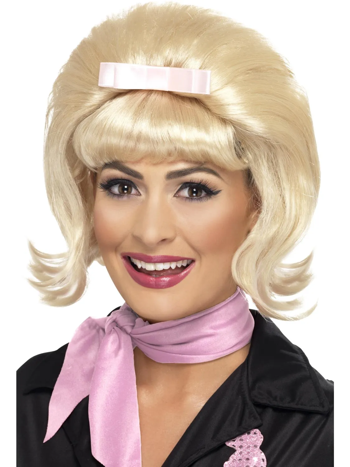 Smiffys 50s Flicked Beehive parrucca nera con fiocco