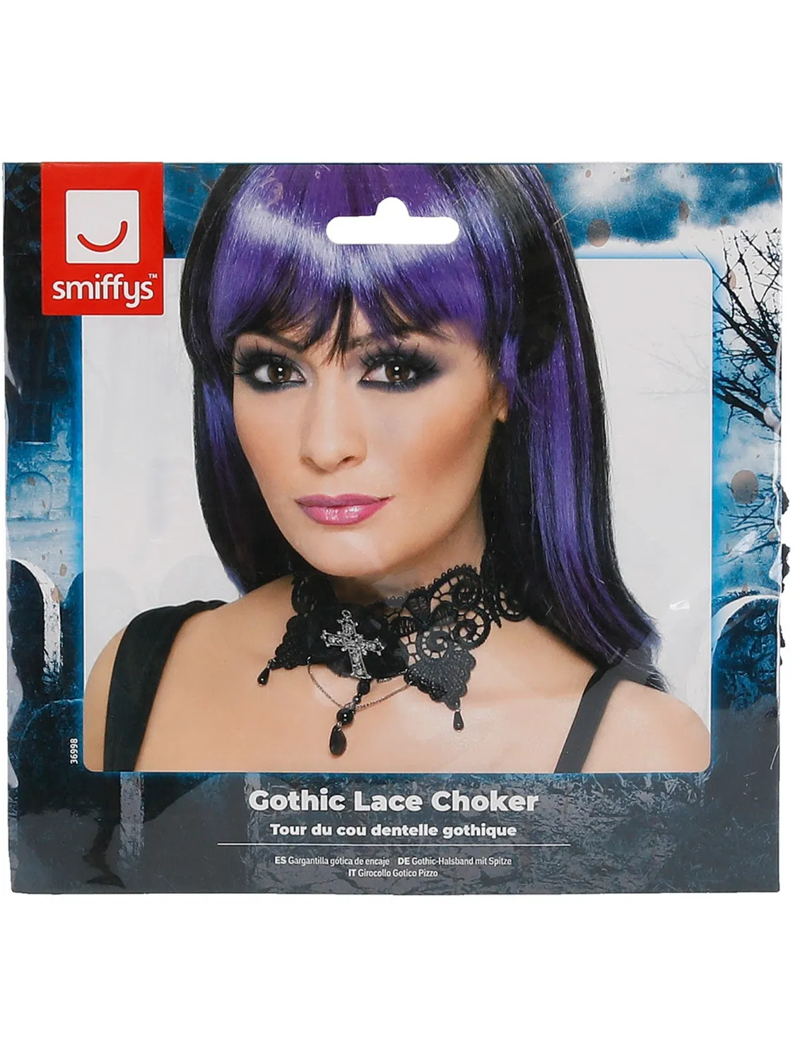 Smiffys Choker Pizzo Nero Gotico Donna con Croce Gioiello