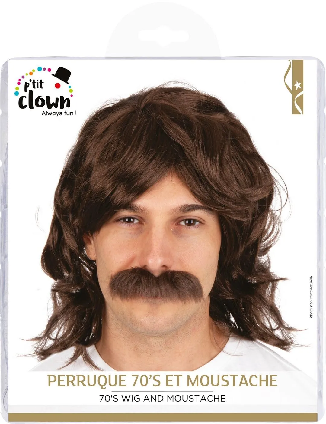 P'tit Clown Anni 70-80 parrucca marrone con baffi adulto