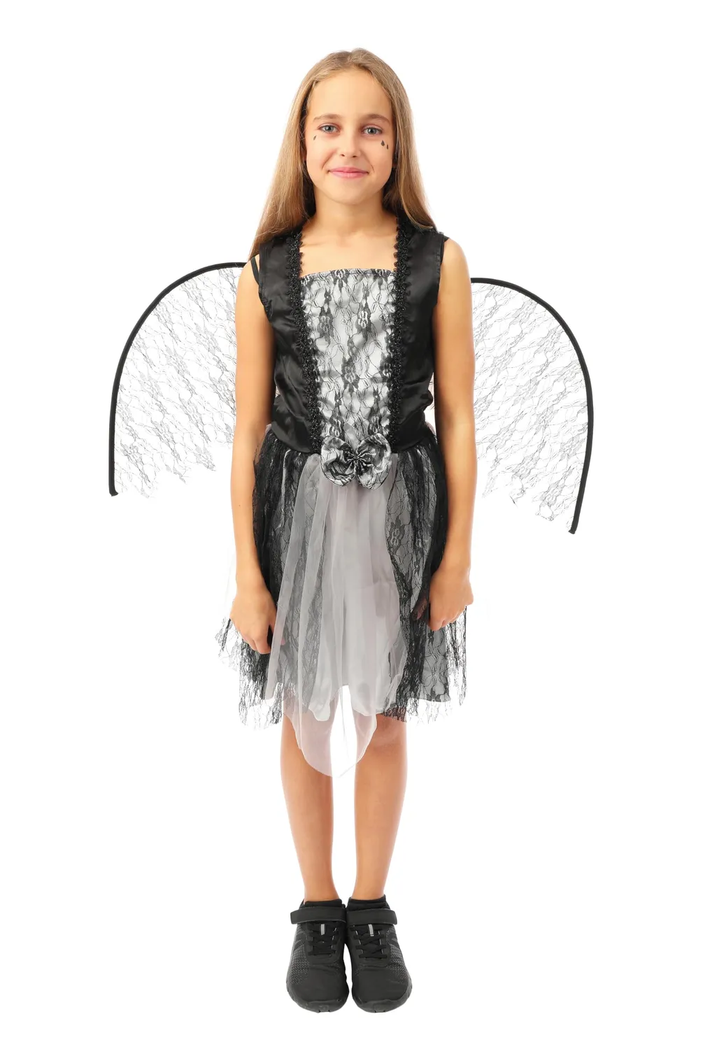 P'tit Clown Angelo Caduto costume bambina 10-12 anni nero con ali