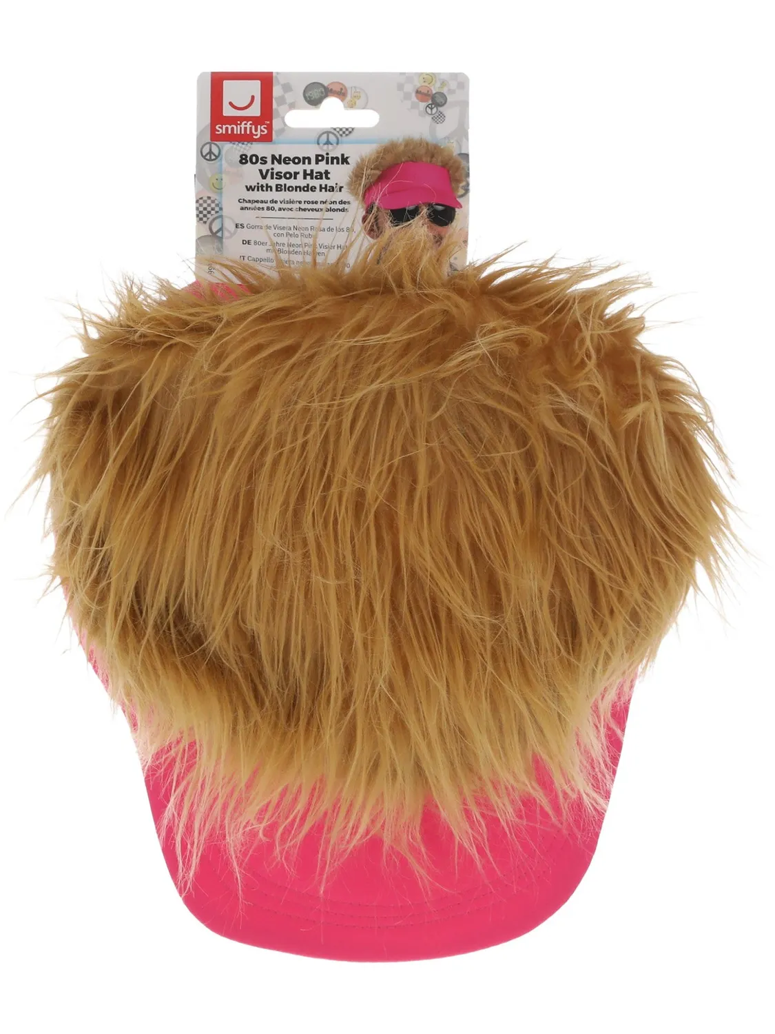 Smiffys visiera anni 80 cappello rosa neon con capelli