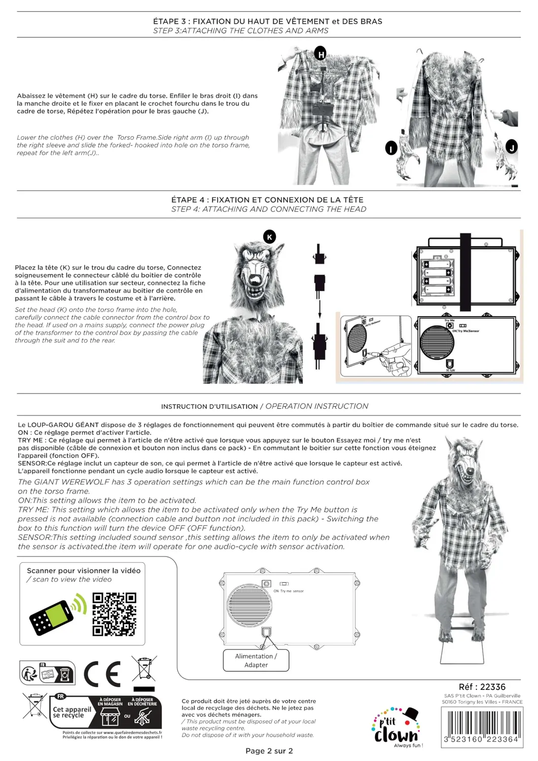 P'tit Clown Lupo Mannaro Animato 180 cm Decorazione Halloween Grigio