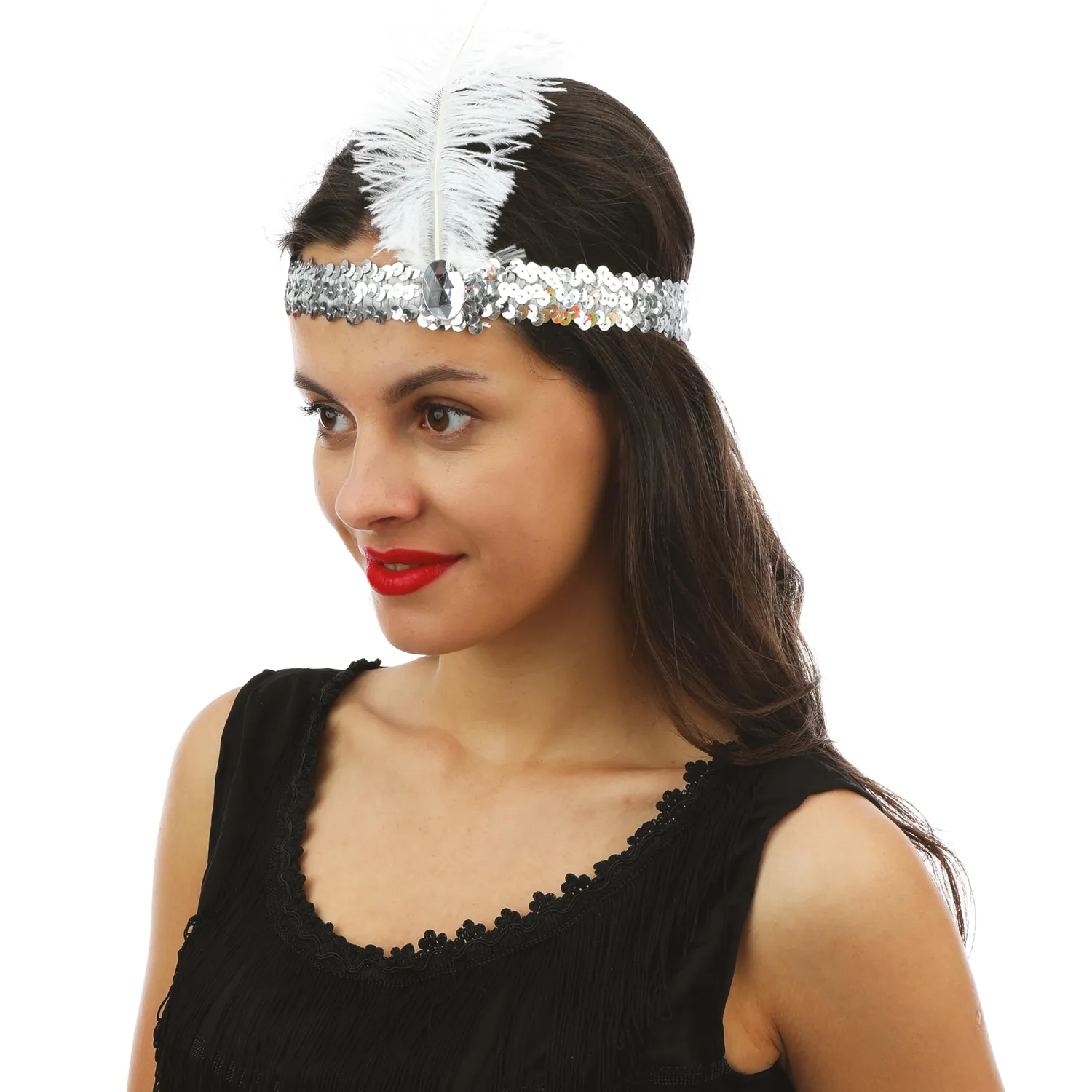 P'tit Clown fascia Charleston paillettes piuma argento adulto