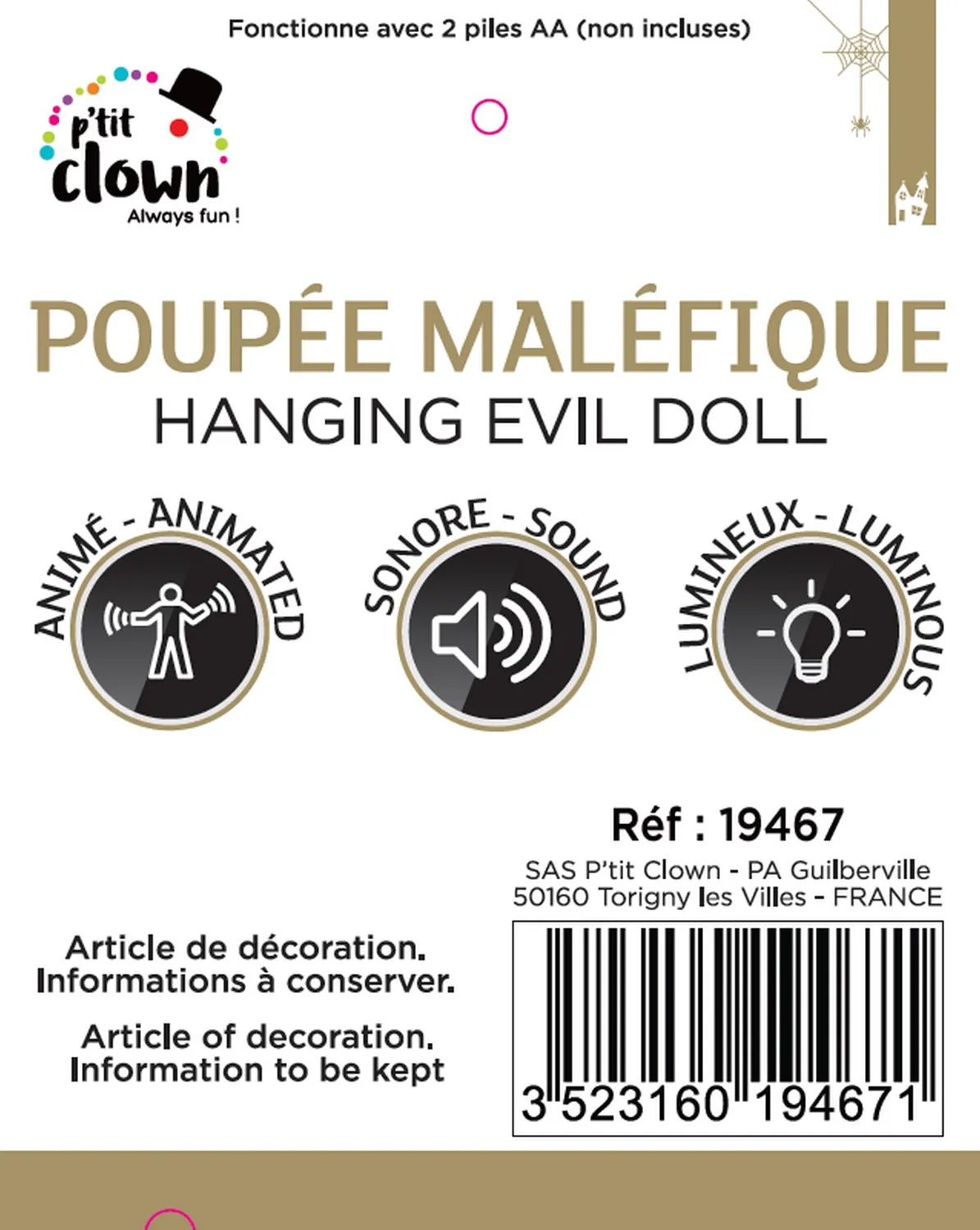 P'tit Clown 19467 Bambola Malefica decorazione Halloween 66 cm sonora