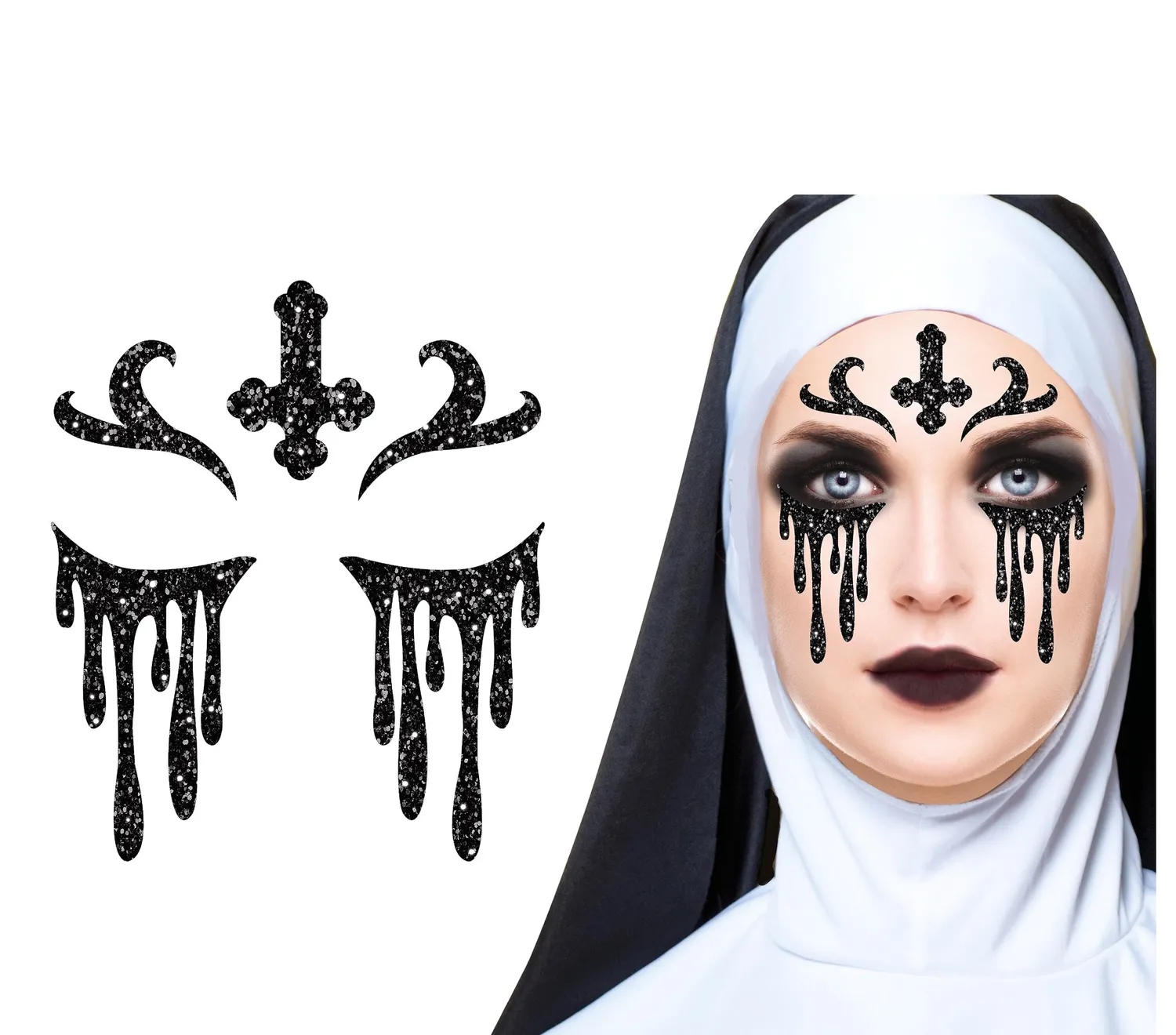 Guirca Suora kit trucco glitterato con tatuaggi viso