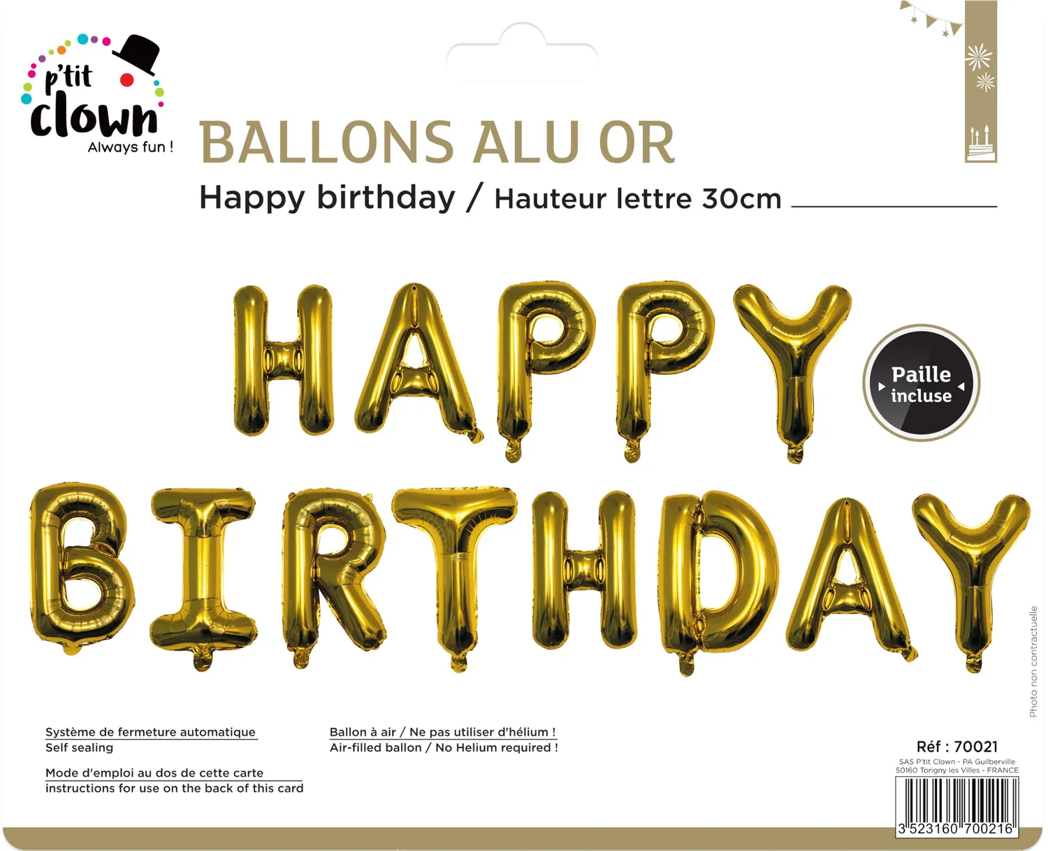 P'tit Clown Happy Birthday palloncino alluminio oro