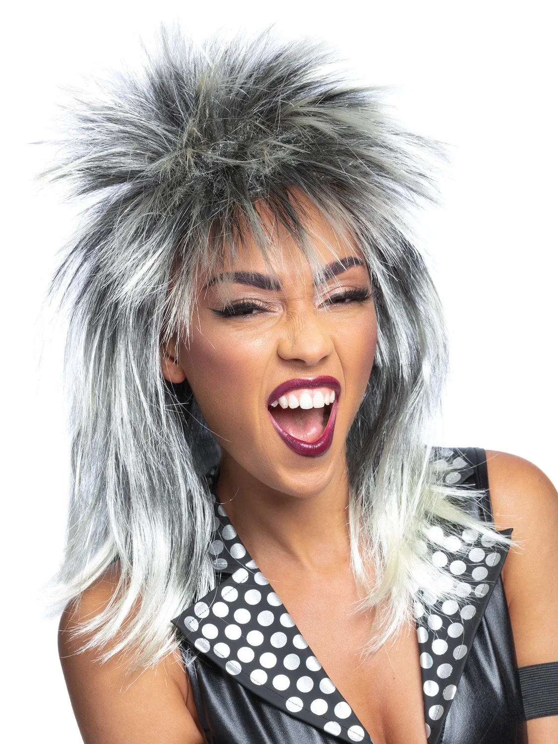 Smiffys Rock Diva parrucca nera mullet anni 80