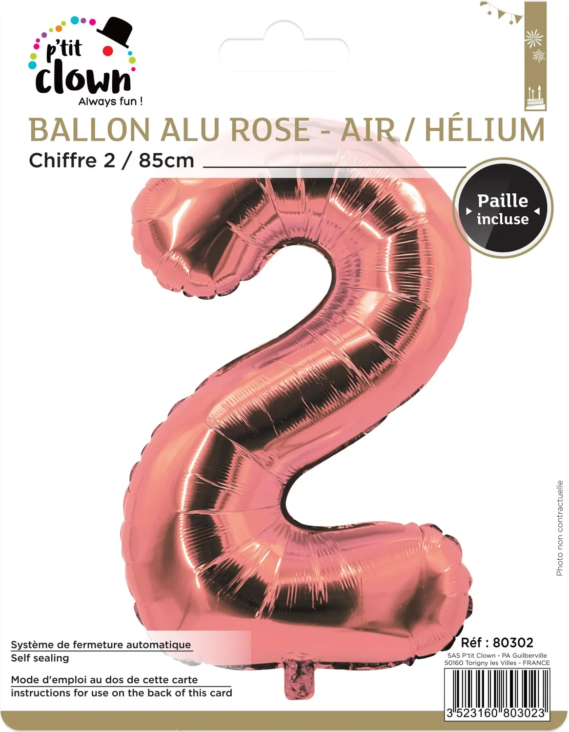P'tit Clown re80302 palloncino numero 2 oro rosa 85 cm