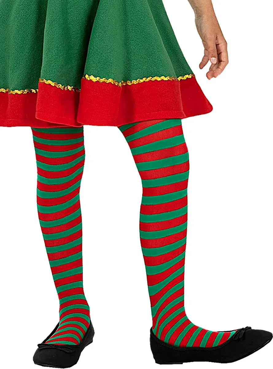 Funidelia Elfo Natalizio Collant Strisce Verdi Rosse Bambina Rosso