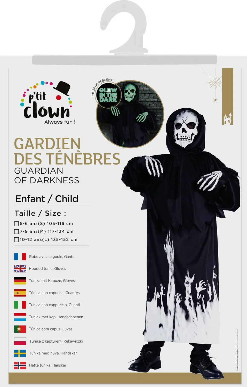 P'tit Clown costume scheletro bambino fosforescente Halloween