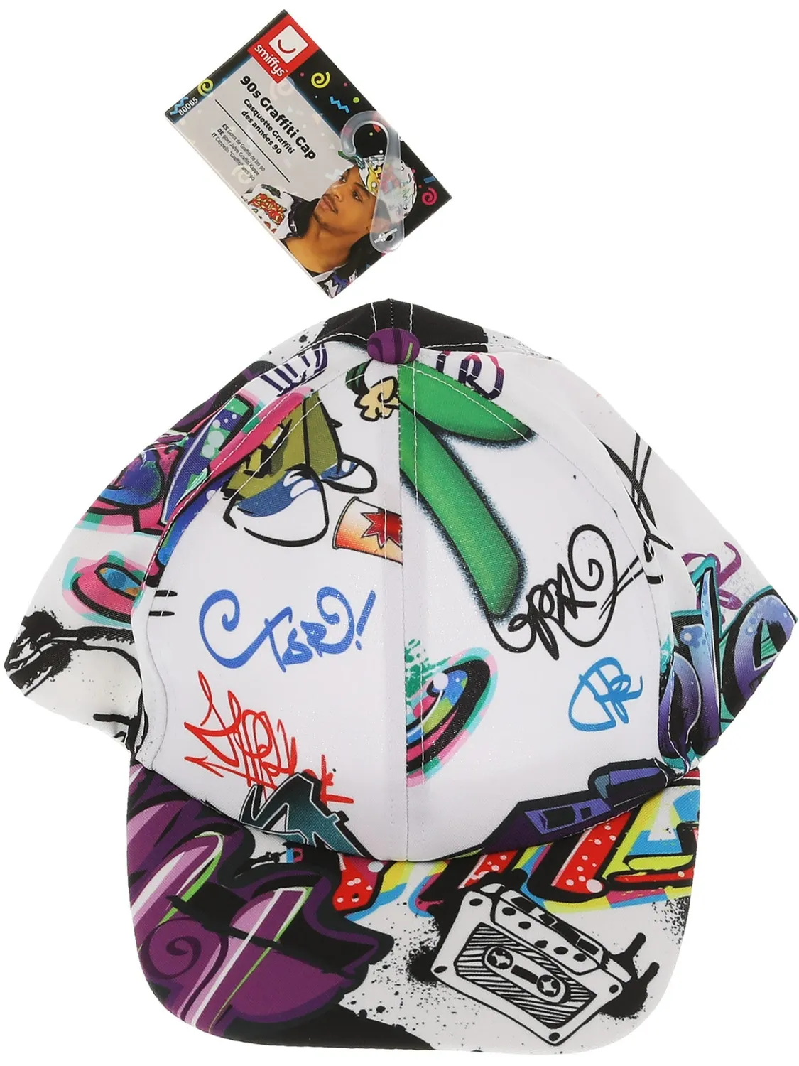 Smiffys 90s Graffiti cappello con visiera bianco multicolore