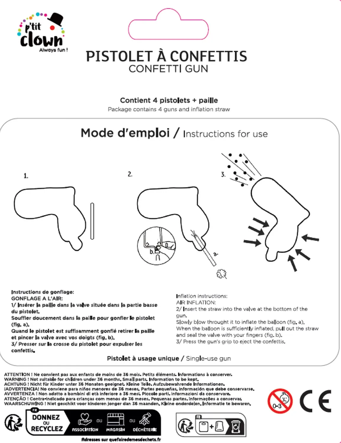P'tit Clown 23408 Pistola coriandoli 4 pezzi
