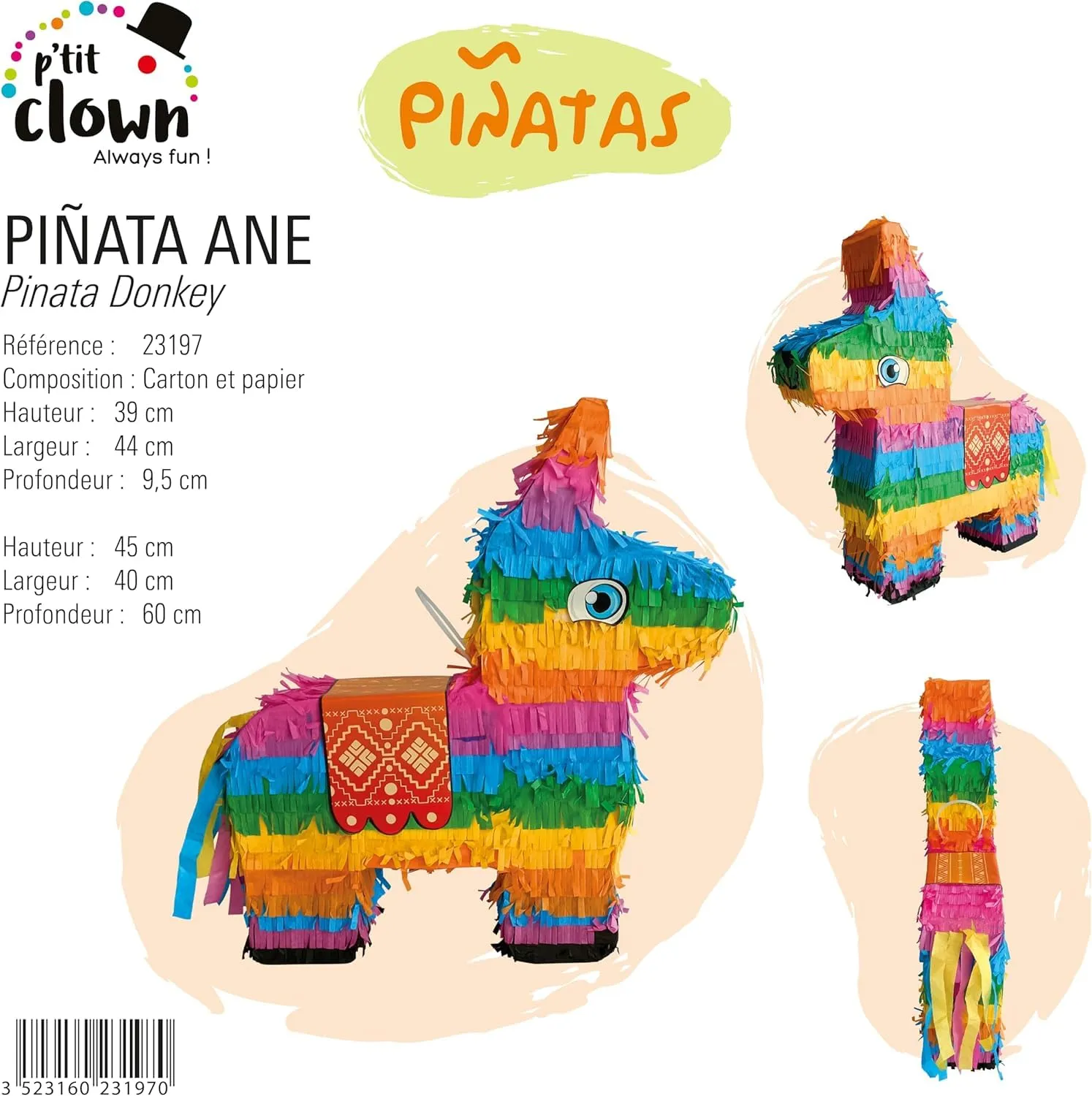 P'tit Clown 23197 piñata asino arcobaleno 44x39x9 cm vuota