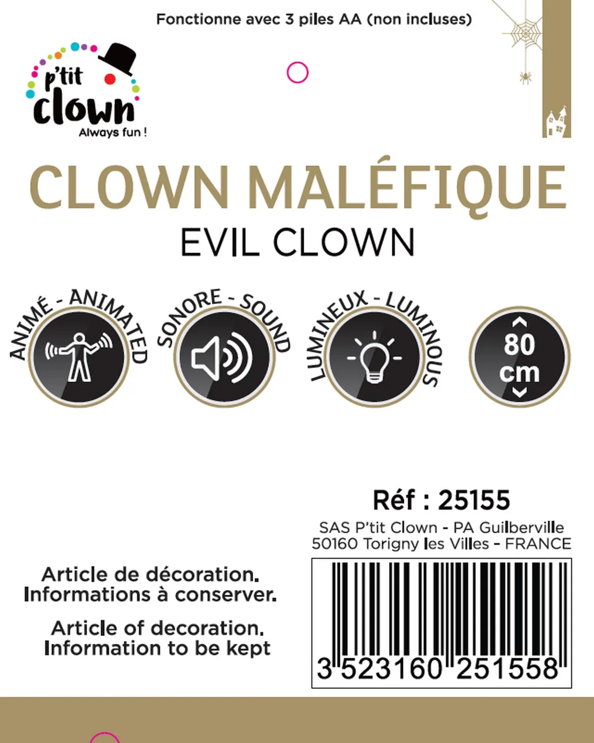 P'tit Clown Clown Malefico Animatronic 80 cm Nero Bianco