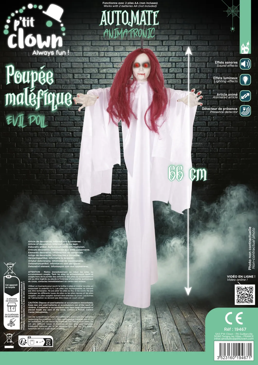 P'tit Clown 19467 Bambola Malefica decorazione Halloween 66 cm sonora
