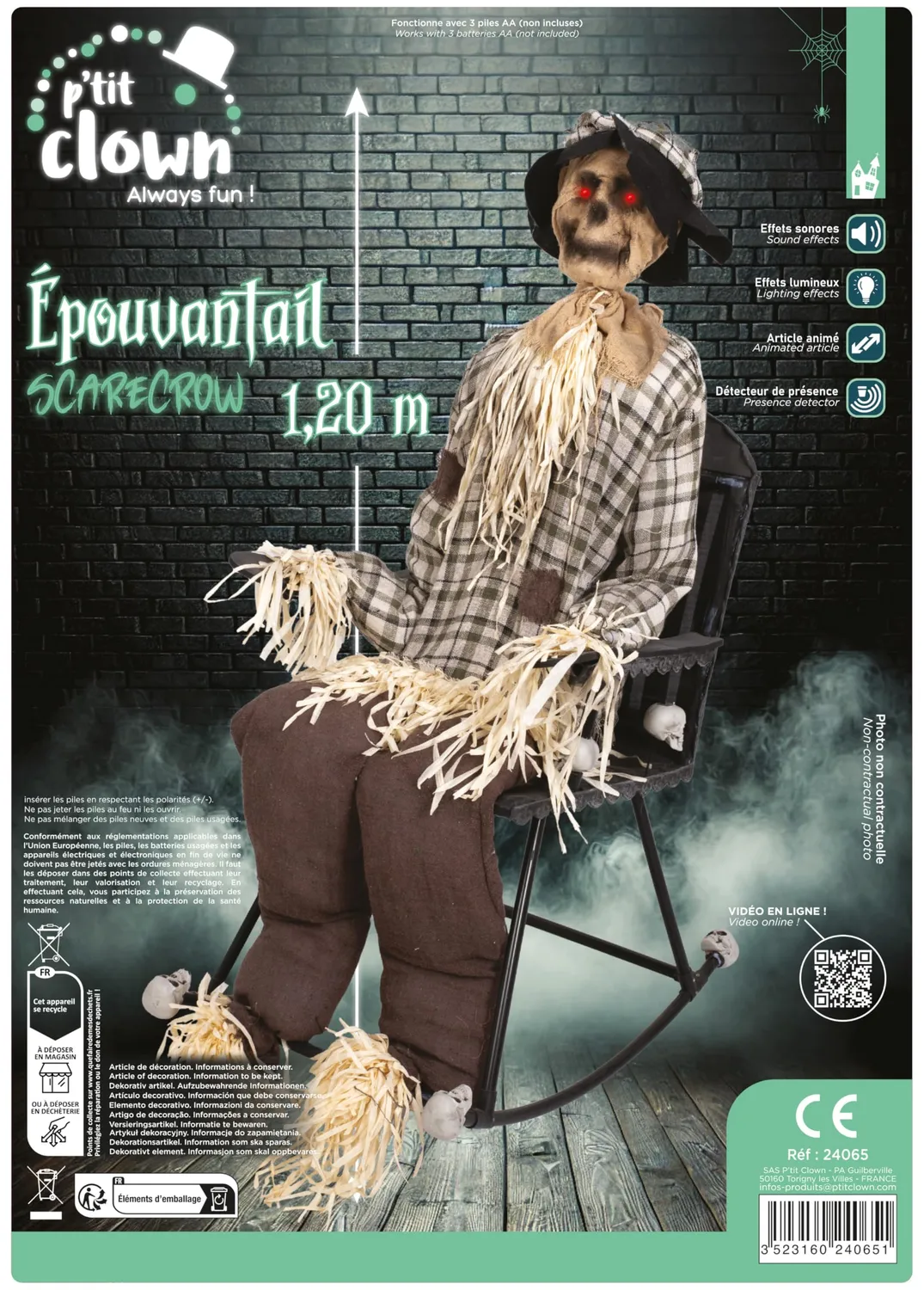 P'tit Clown 24065 spaventapasseri animatronic 120 cm con sedia