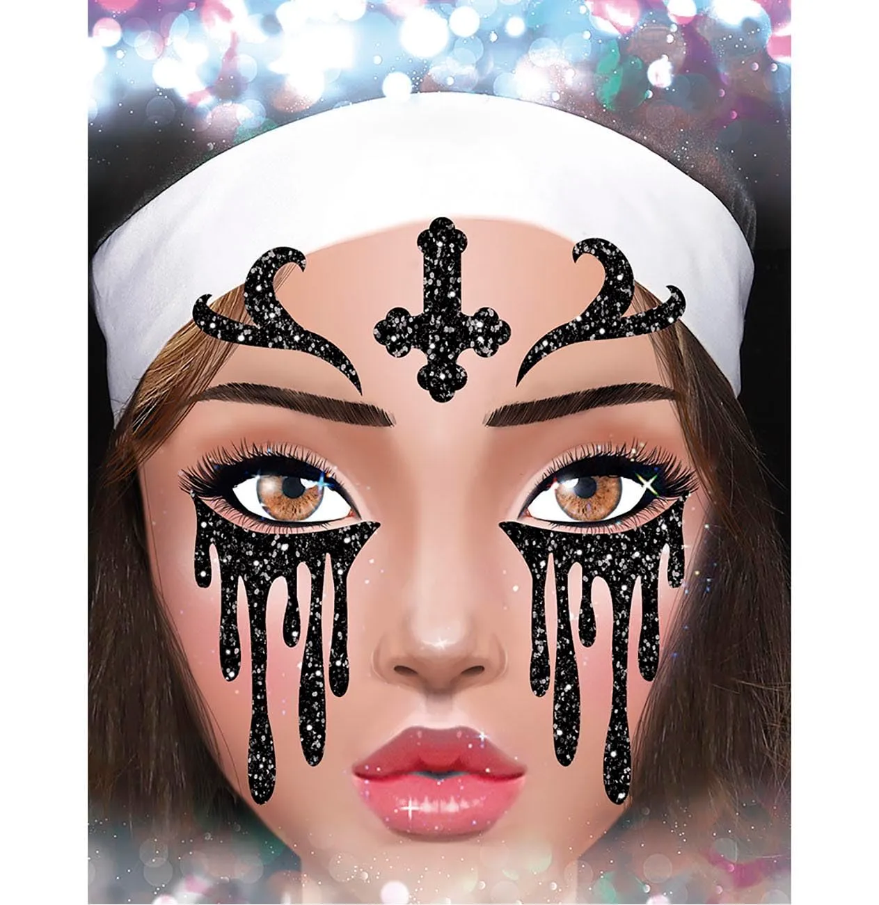 Guirca Suora kit trucco glitterato con tatuaggi viso