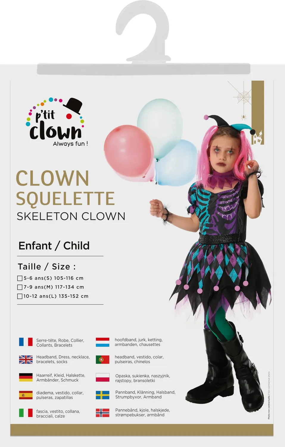 P'tit Clown costume clown scheletro bambino 10-12 anni