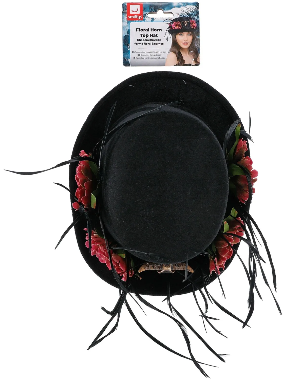 Smiffys Floral Horn cilindro donna nero con fiori rosa