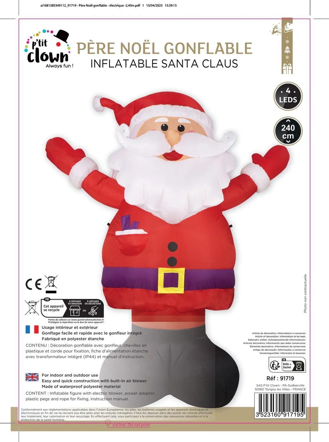 P'tit Clown Babbo Natale Gonfiabile Luminoso 2,40m LED