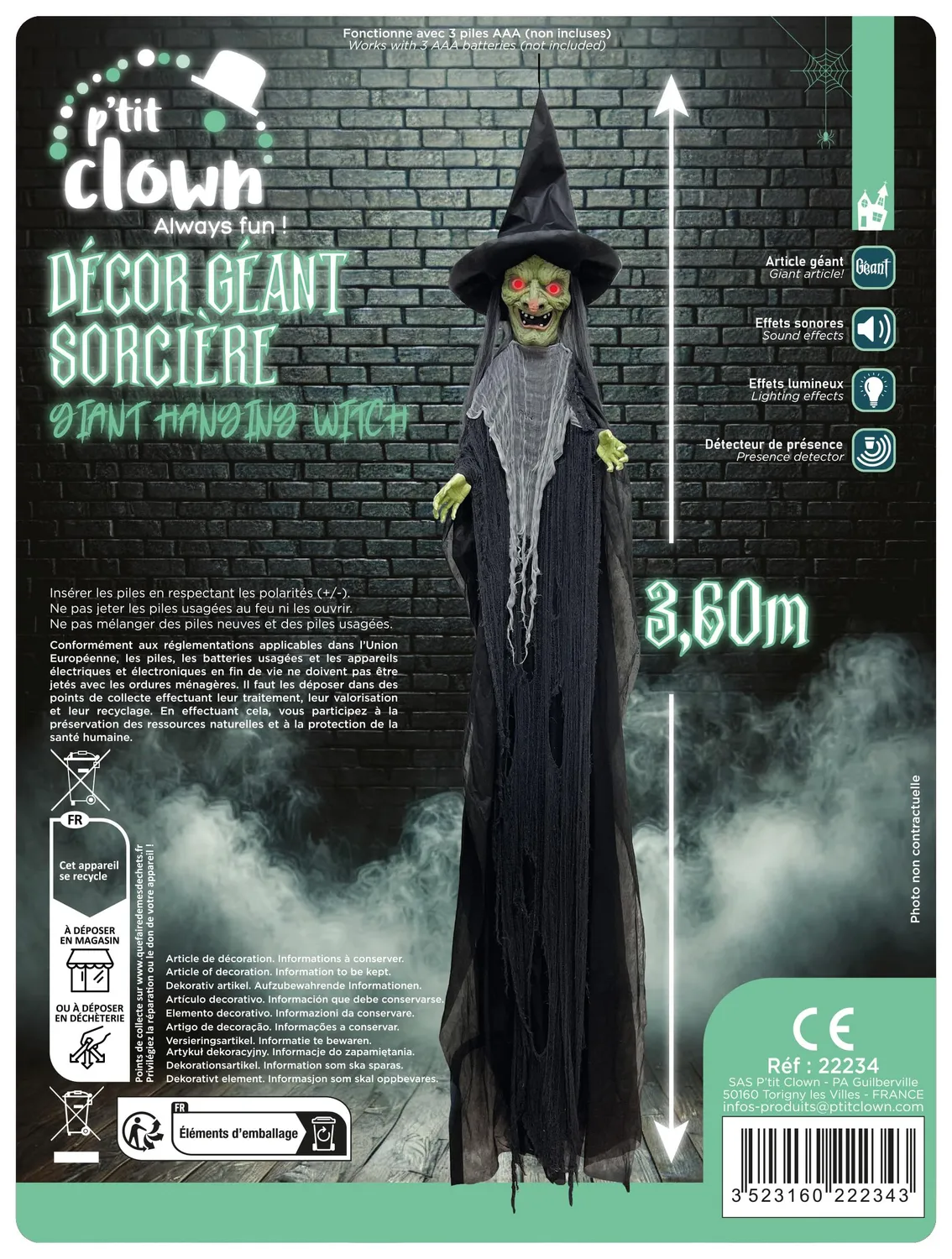 P'tit Clown strega gigante 360 cm decorazione halloween sonora