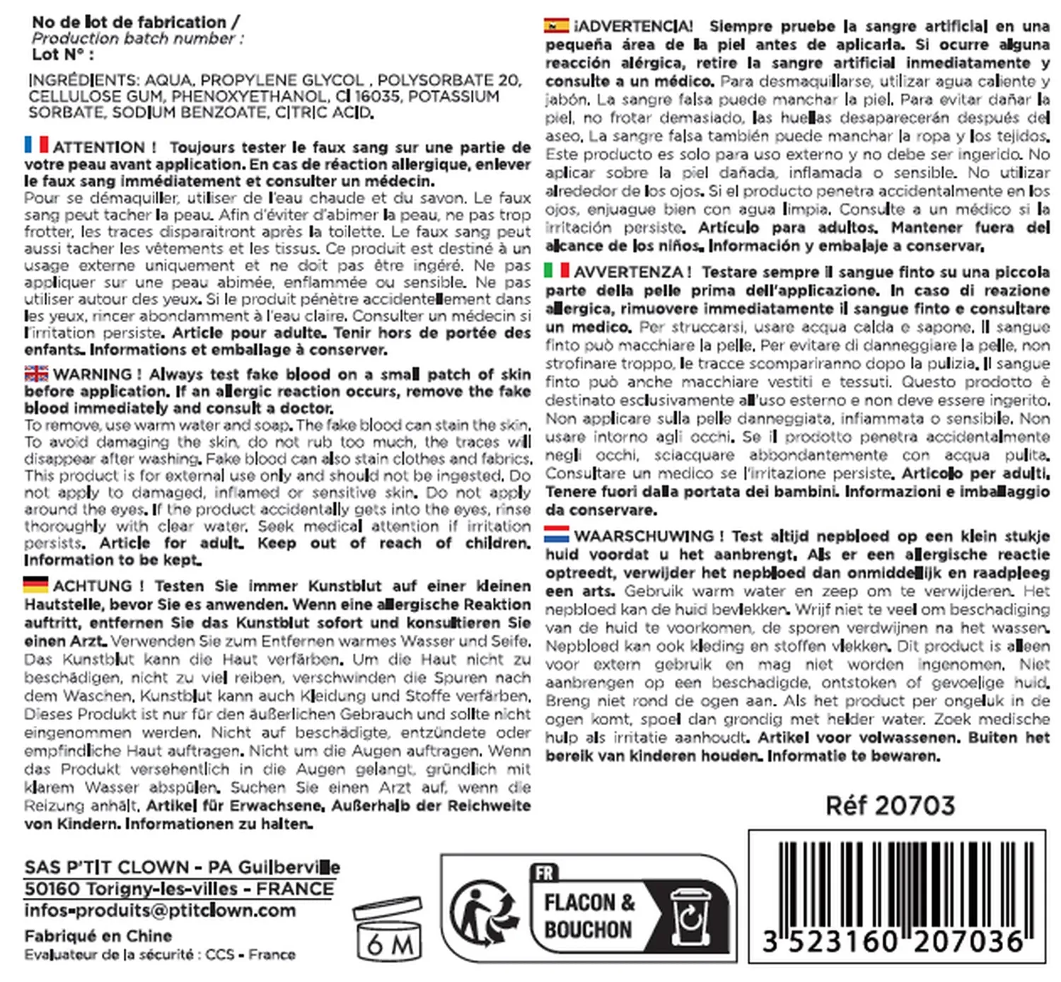 P'tit Clown 20703 sangue finto gel bidone 472 ml