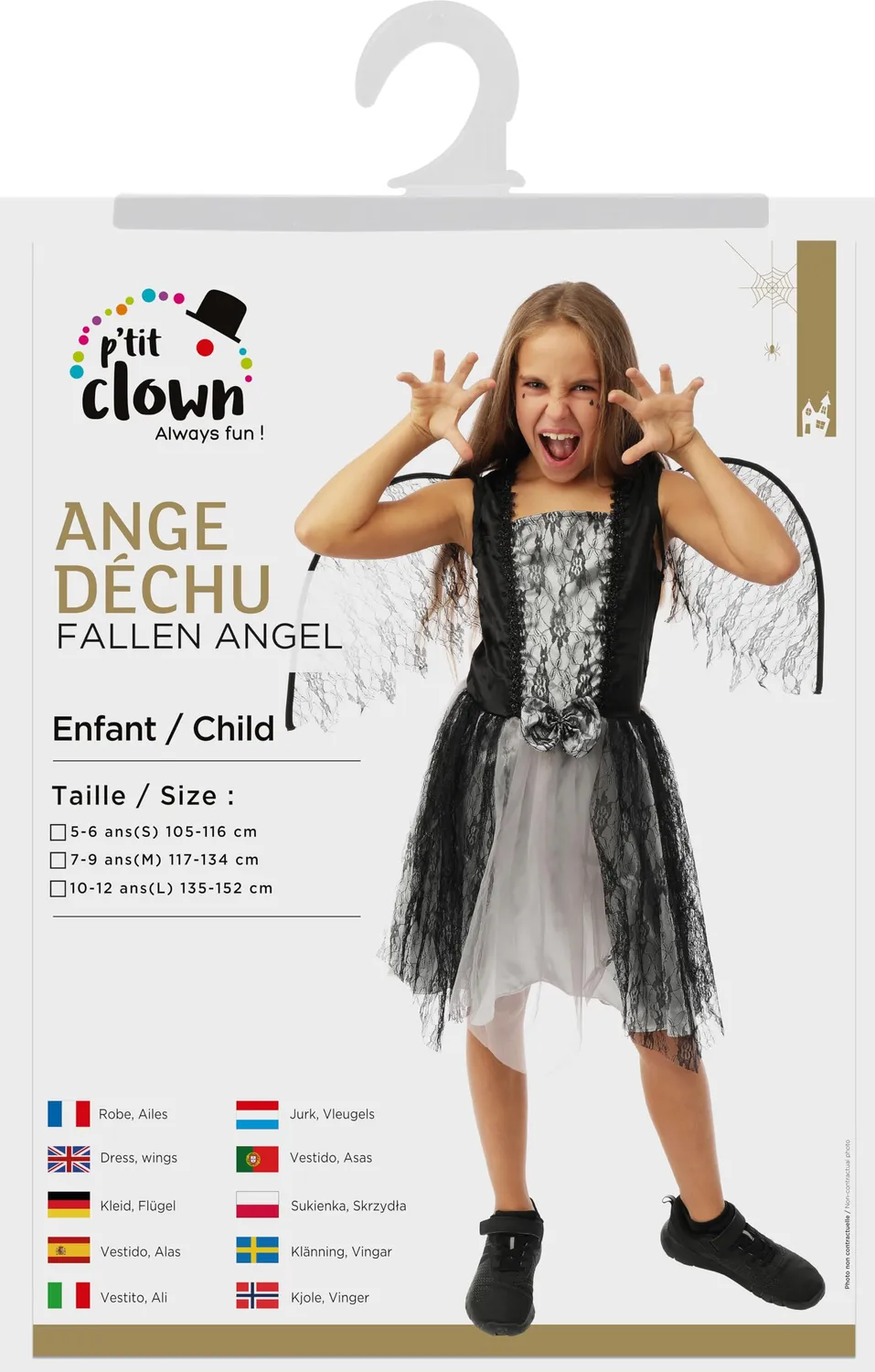 P'tit Clown Angelo Caduto costume bambina 10-12 anni nero con ali