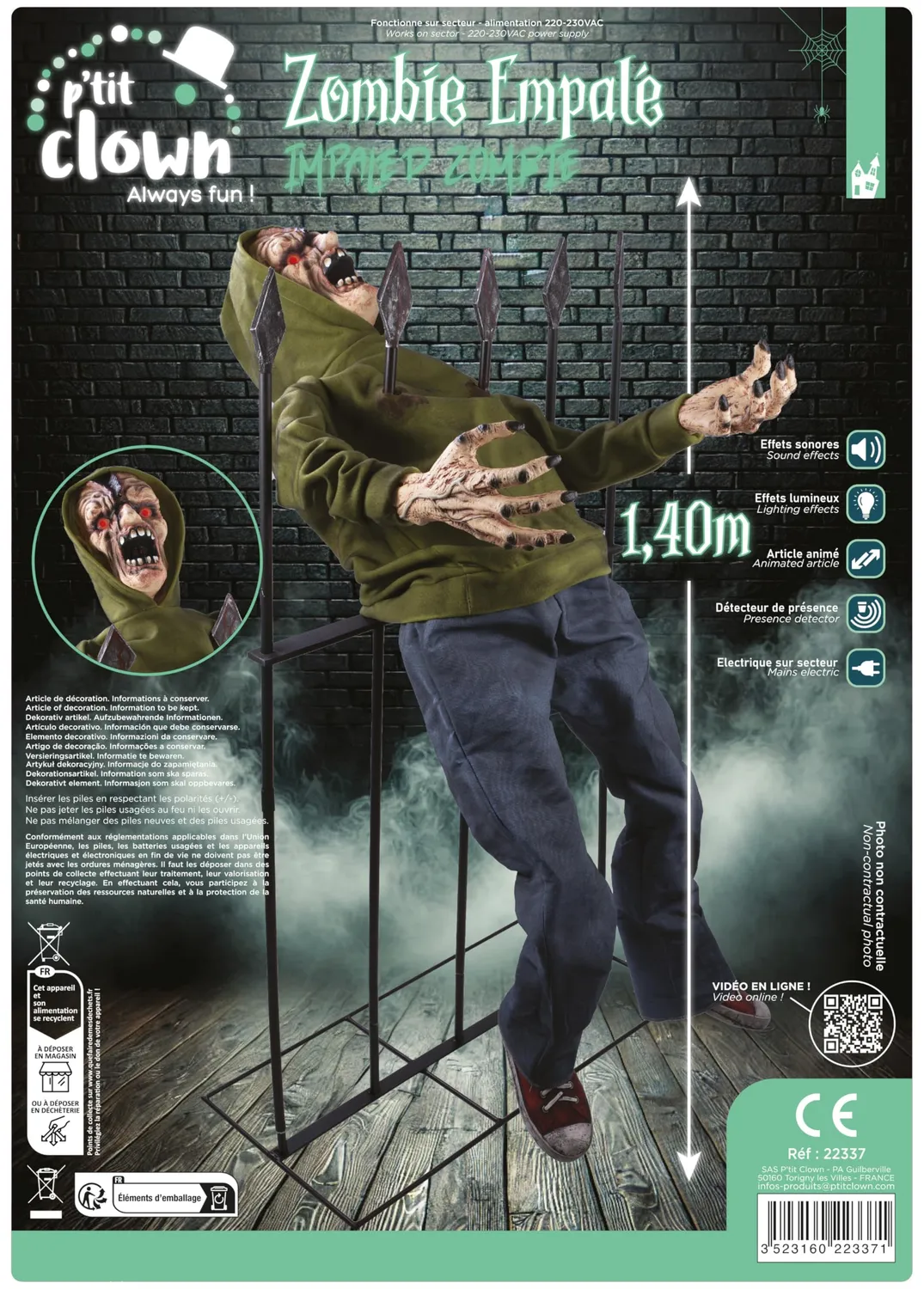 P'tit Clown 22337 Zombie Impalato Decorazione Animatronica 140 cm Sonora