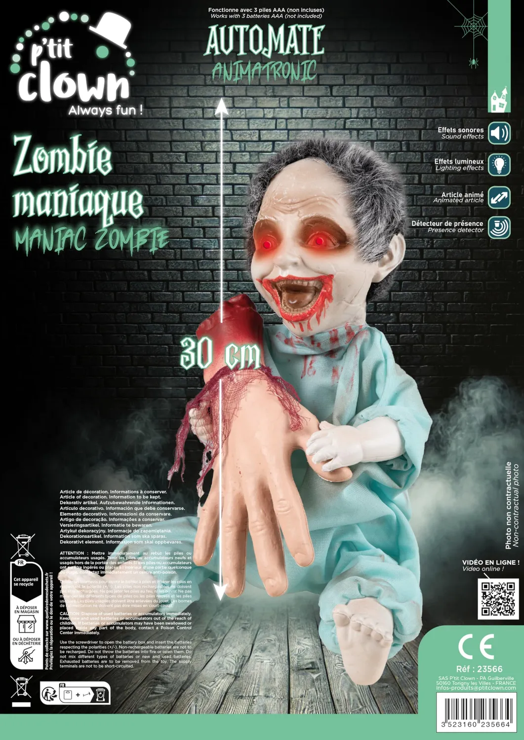 P'tit Clown 23566 zombie animatronico 30 cm luminoso