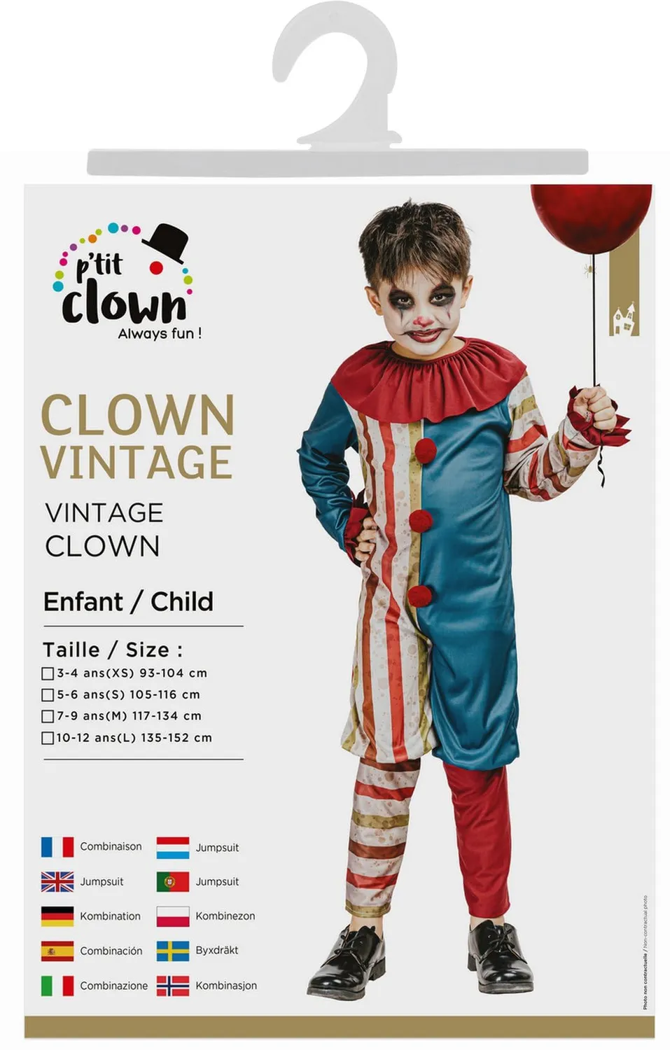 P'tit Clown Costume Clown Bambino 10/12 Anni Rosso Bianco