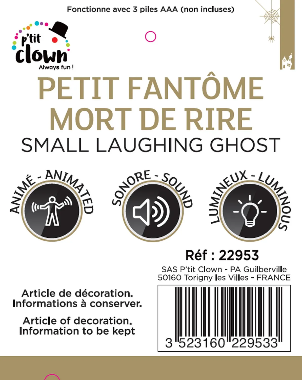 P'tit Clown 22953 fantasma animato sonoro 32 cm occhi rossi