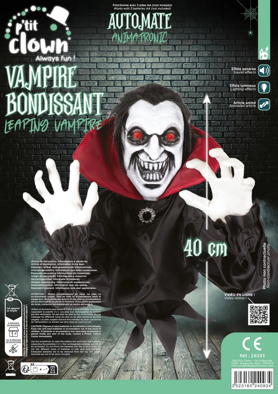 P'tit Clown 24093 vampiro animatronic saltante 40 cm luminoso