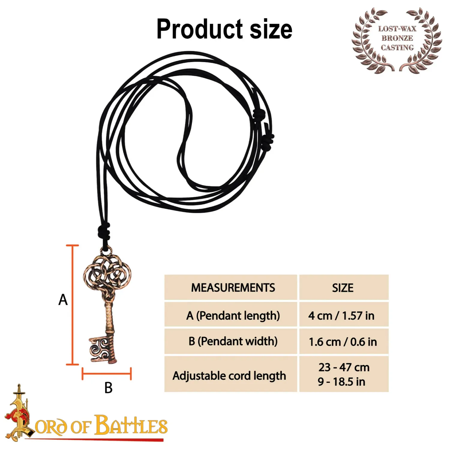 La Bottega di Merlino Chiave Medievale Ciondolo Bronzo 4 cm Traforato