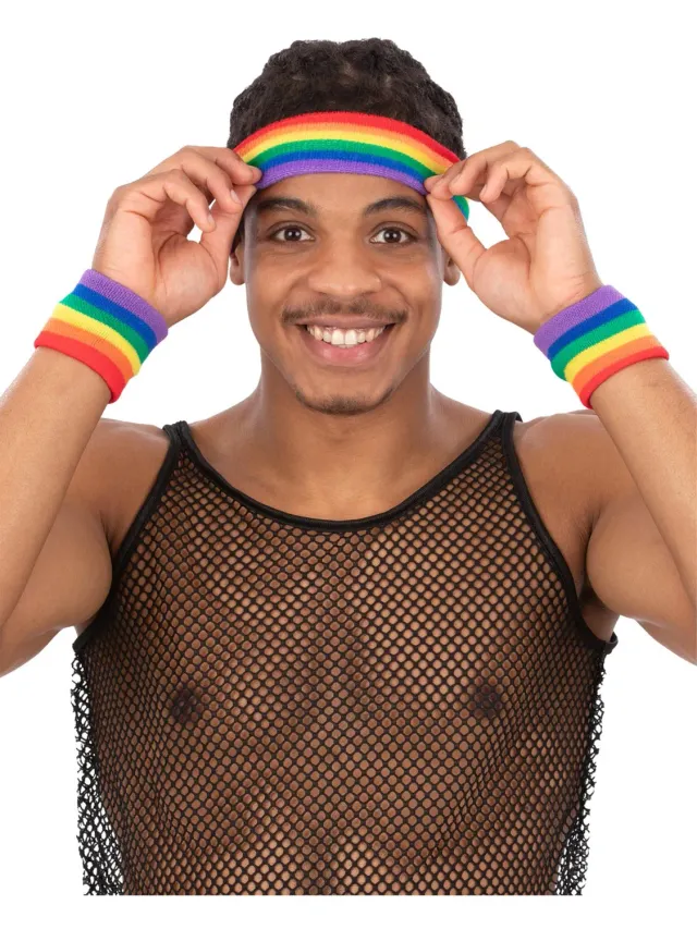 Smiffys Rainbow fasce sudore arcobaleno anni 80 set 3pz
