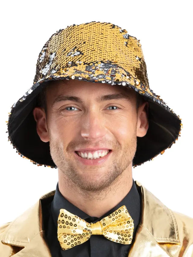Smiffys cappello bucket paillettes oro argento adulto
