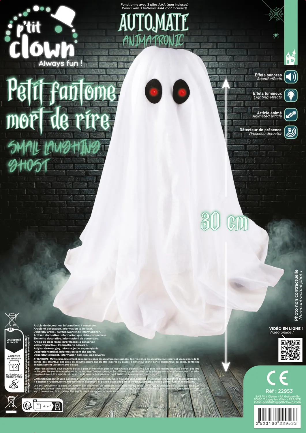 P'tit Clown 22953 fantasma animato sonoro 32 cm occhi rossi