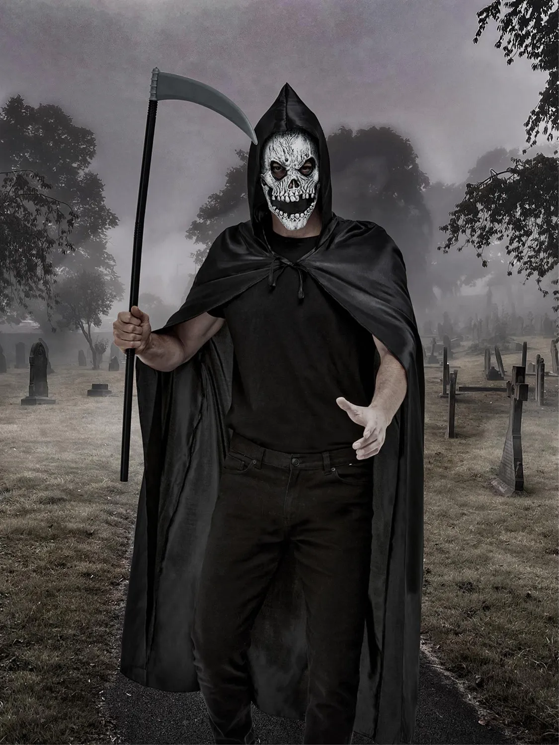 Smiffys Grim Reaper Kit costume nero con mantello maschera