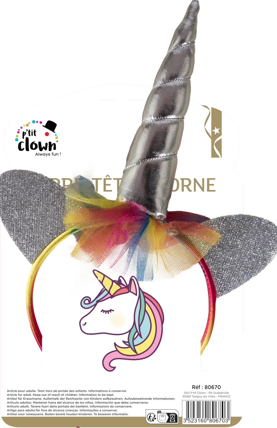 P'tit Clown Cerchietto Unicorno Argento Arcobaleno Accessorio
