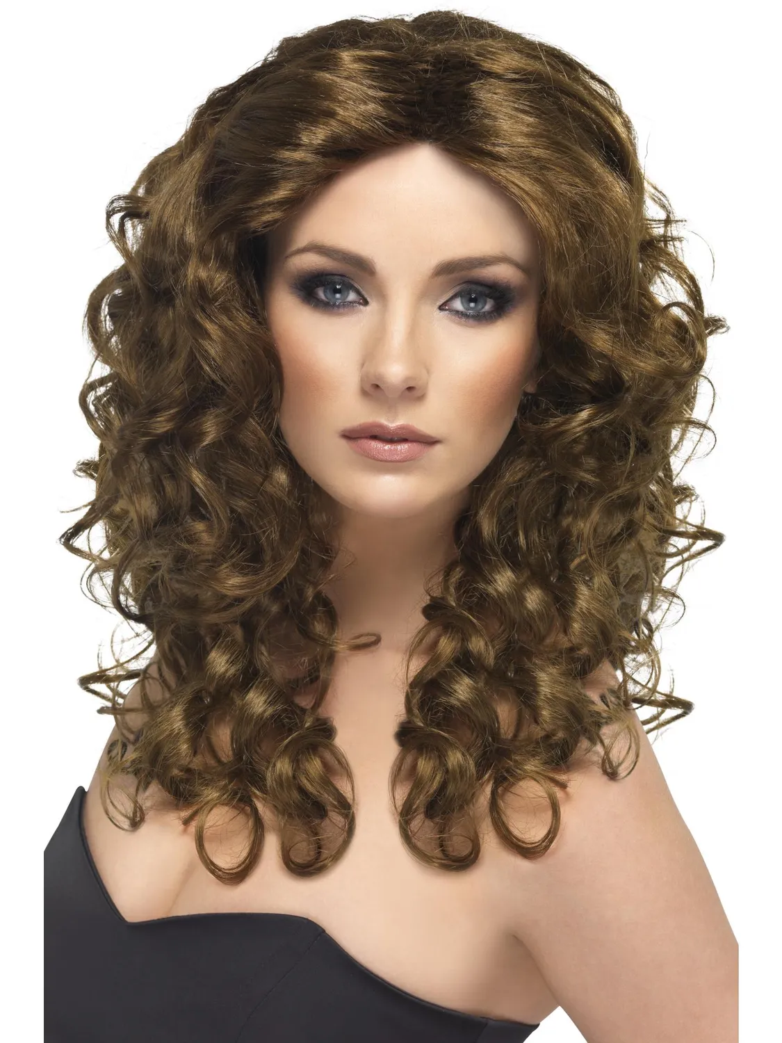 Smiffys Glamour Wig parrucca riccia castana lunga donna