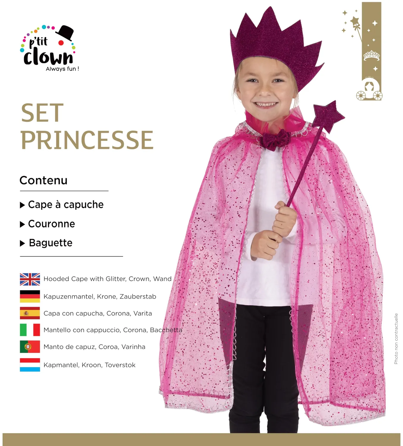 P'tit Clown set principessa bambina rosa paillettes taglia unica