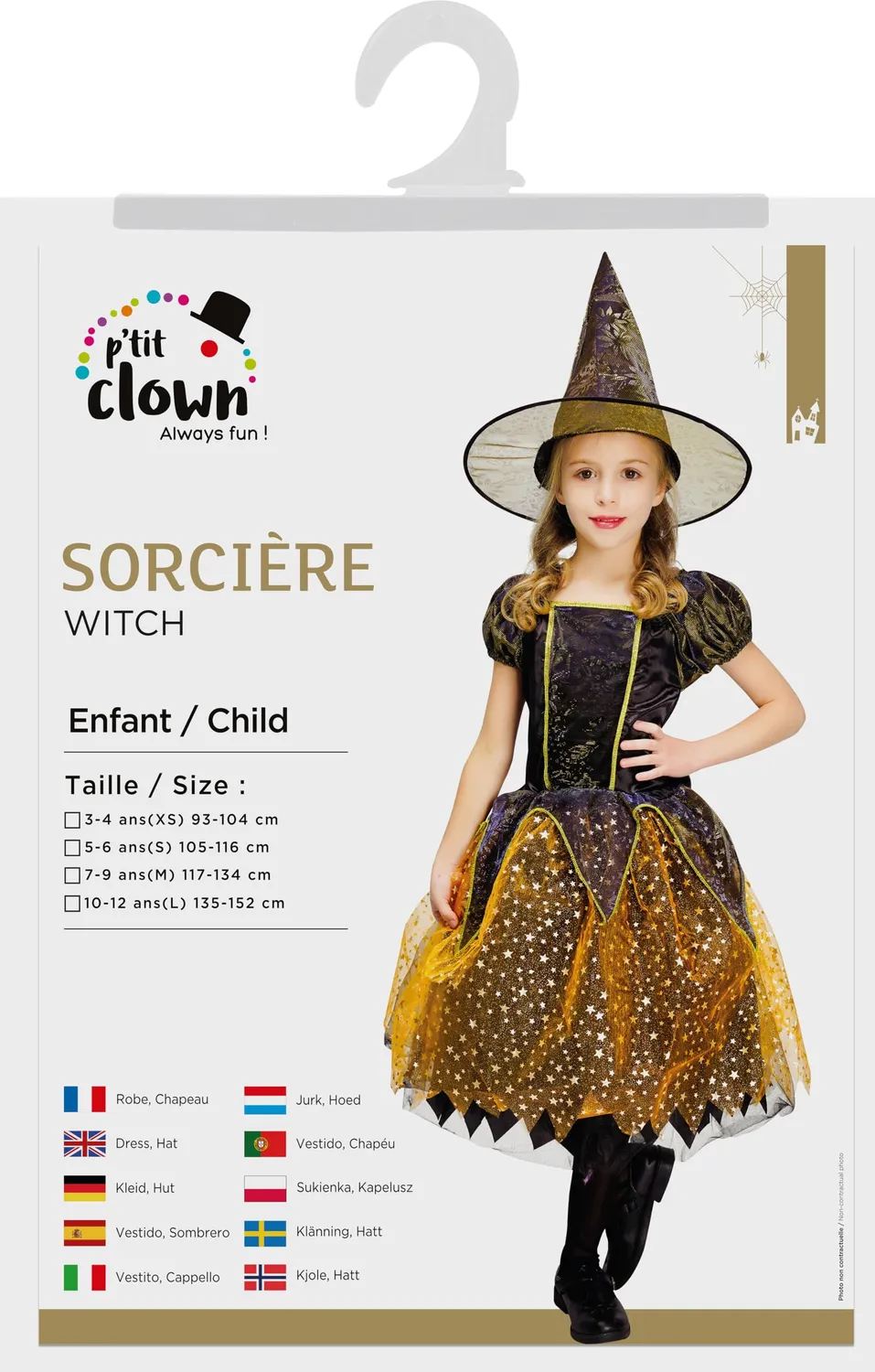 P'tit Clown Strega Nero Arancione costume S media lunghezza