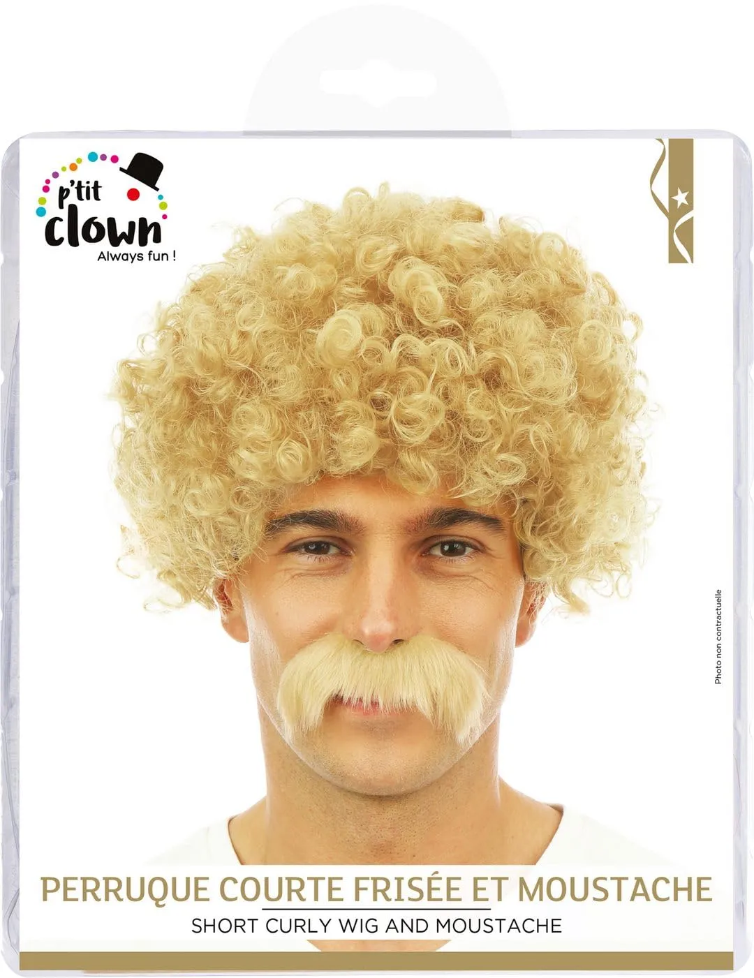 P'tit Clown parrucca riccia corta bionda con baffi