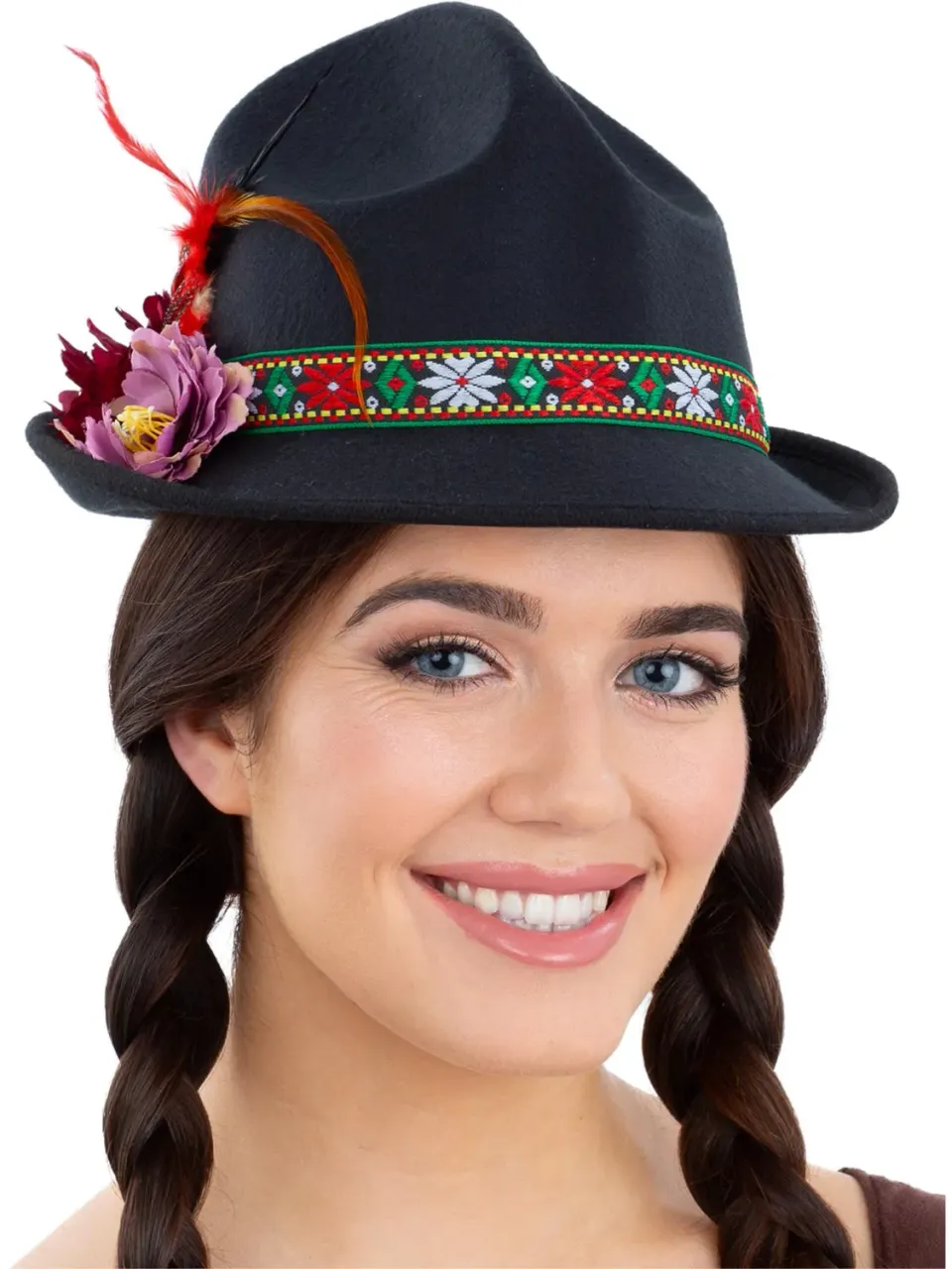 Smiffys Dirndl Trenker cappello bavarese nero piume