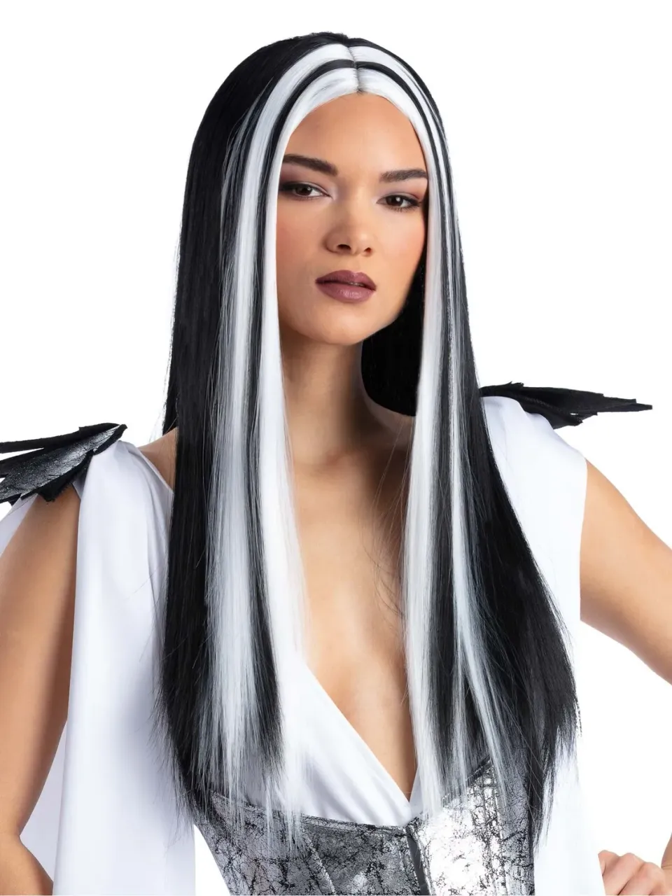 Smiffys Madame Monster parrucca nera striature bianche