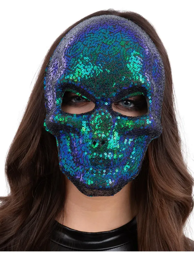 Smiffys maschera teschio paillettes blu verde adulto
