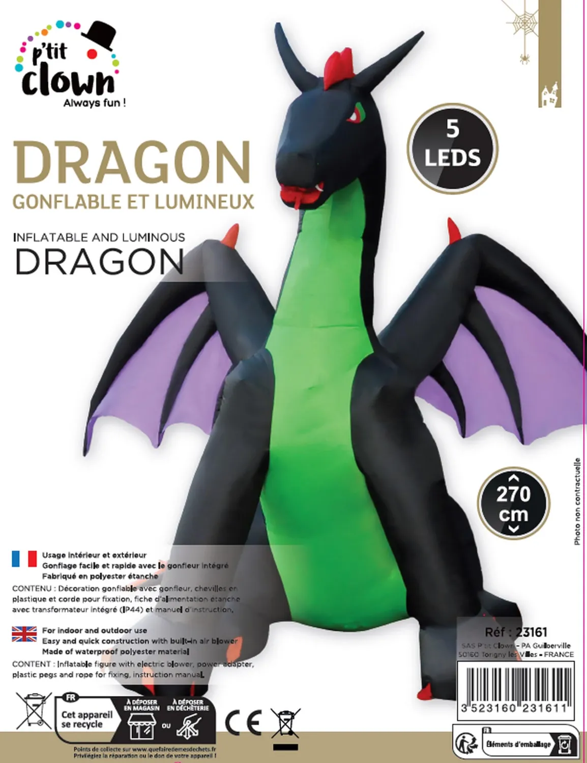 P'tit Clown 23161 drago gonfiabile luminoso 270 cm
