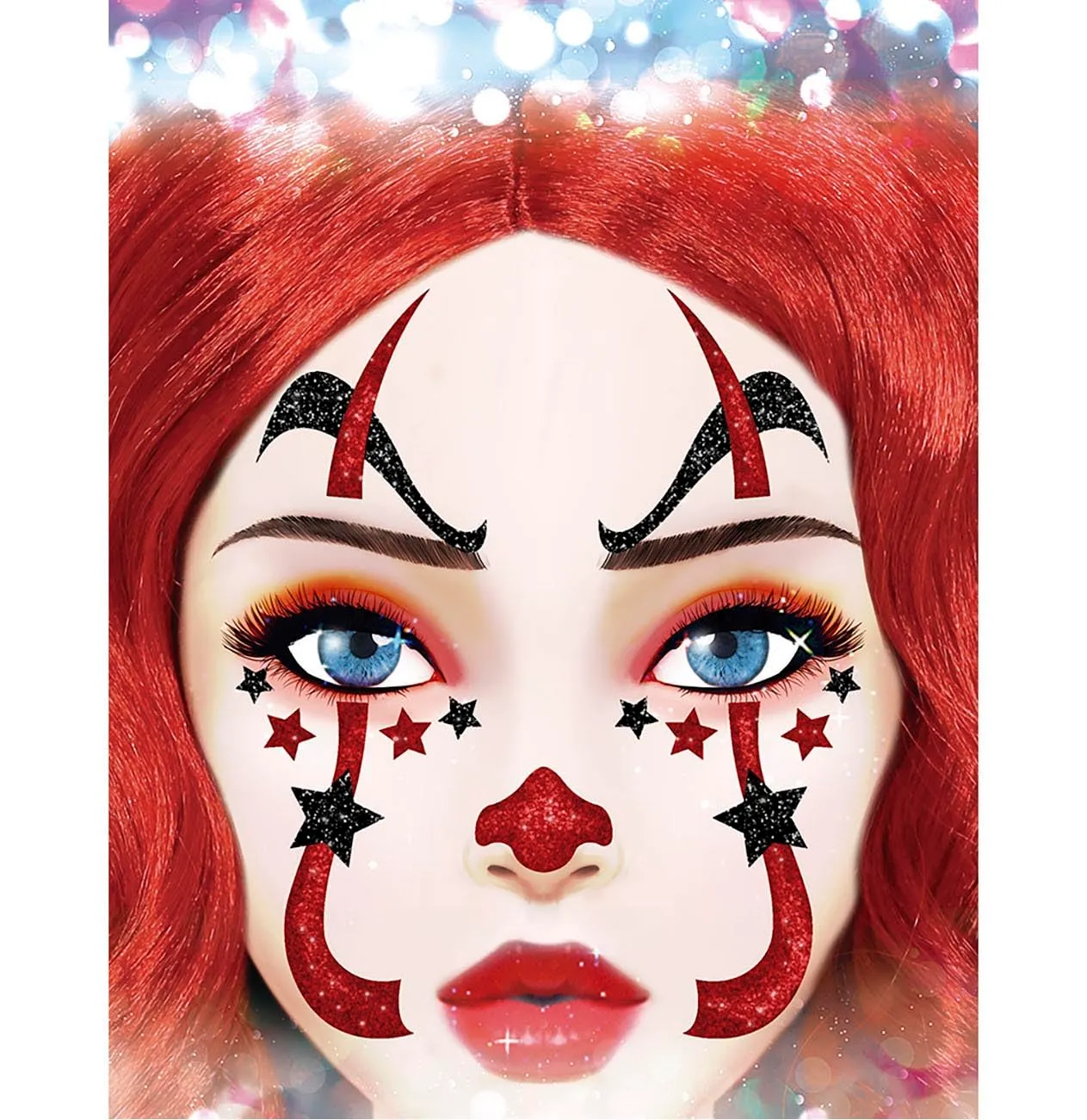 Guirca Clown adesivi viso glitter rossi 20x20 cm