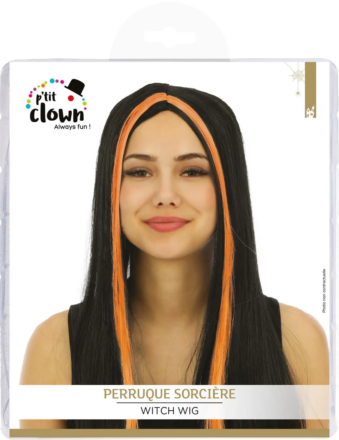 P'tit Clown 11502 parrucca strega lunga nero arancione adulto