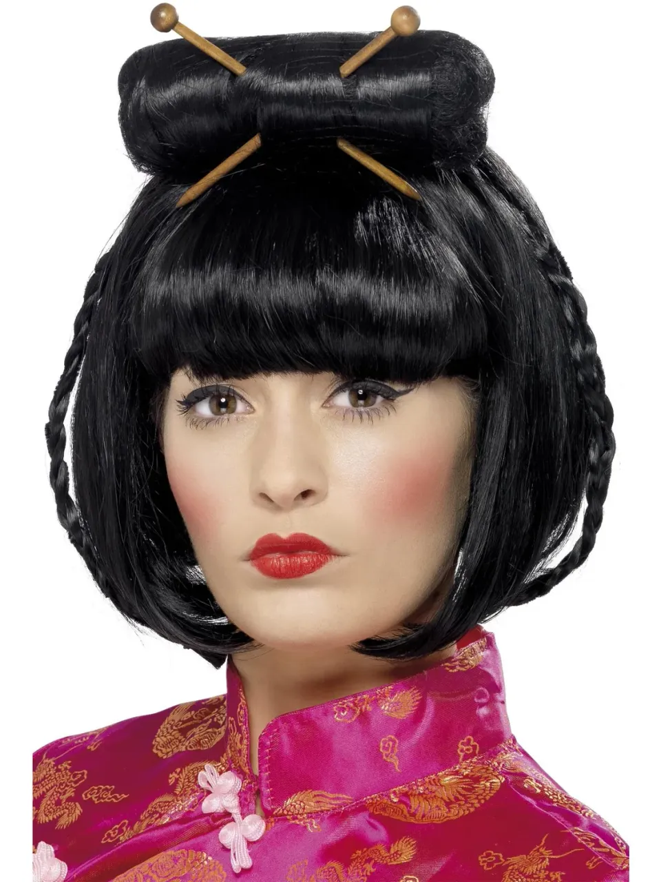 Smiffys Oriental Lady parrucca nera geisha con bacchette
